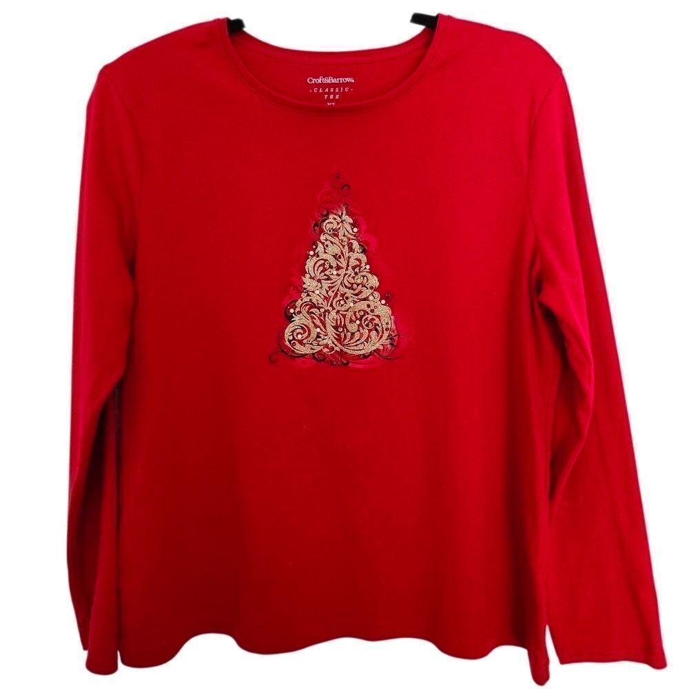 Croft and Barrow Red Long Sleeve Top Gold Glitter Tree Embellishment Size XL